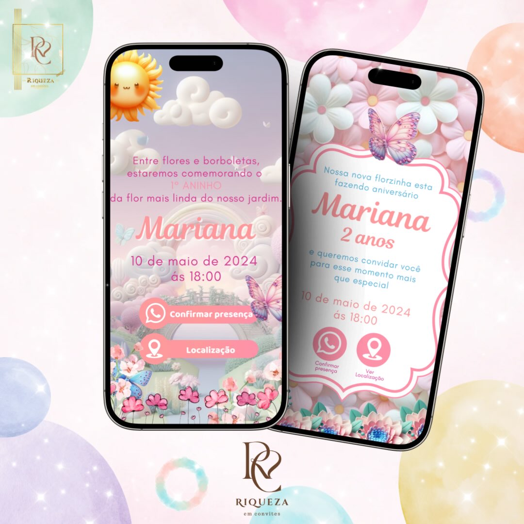 Mockup de convite digital com flores e borboletas em tons de rosa, exibido em duas telas de celular com nome, data e botões de confirmação.