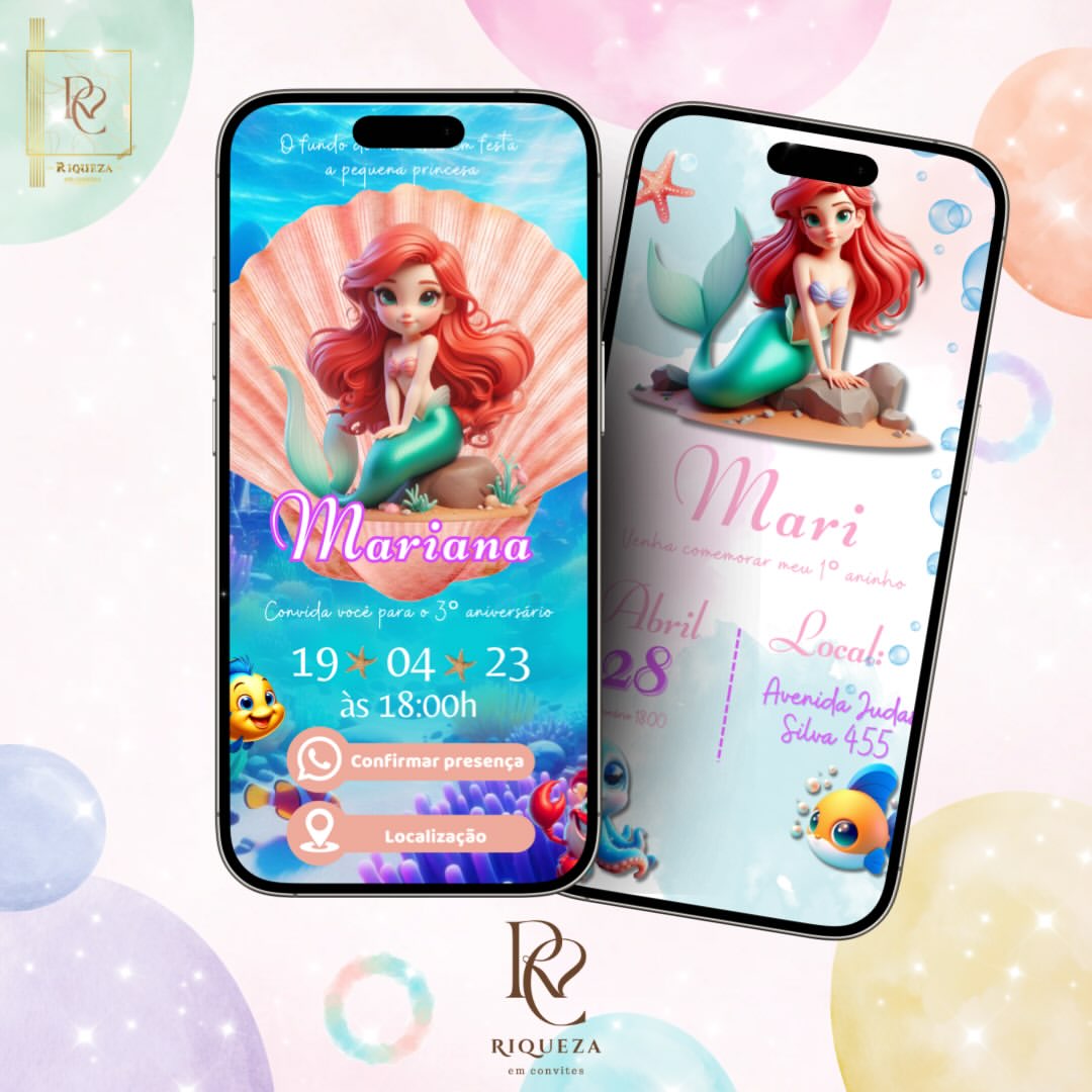 Mockup de convite digital com tema sereia, exibido em duas telas de celular com o nome Mariana, data da festa e botões de confirmar presença e localização.