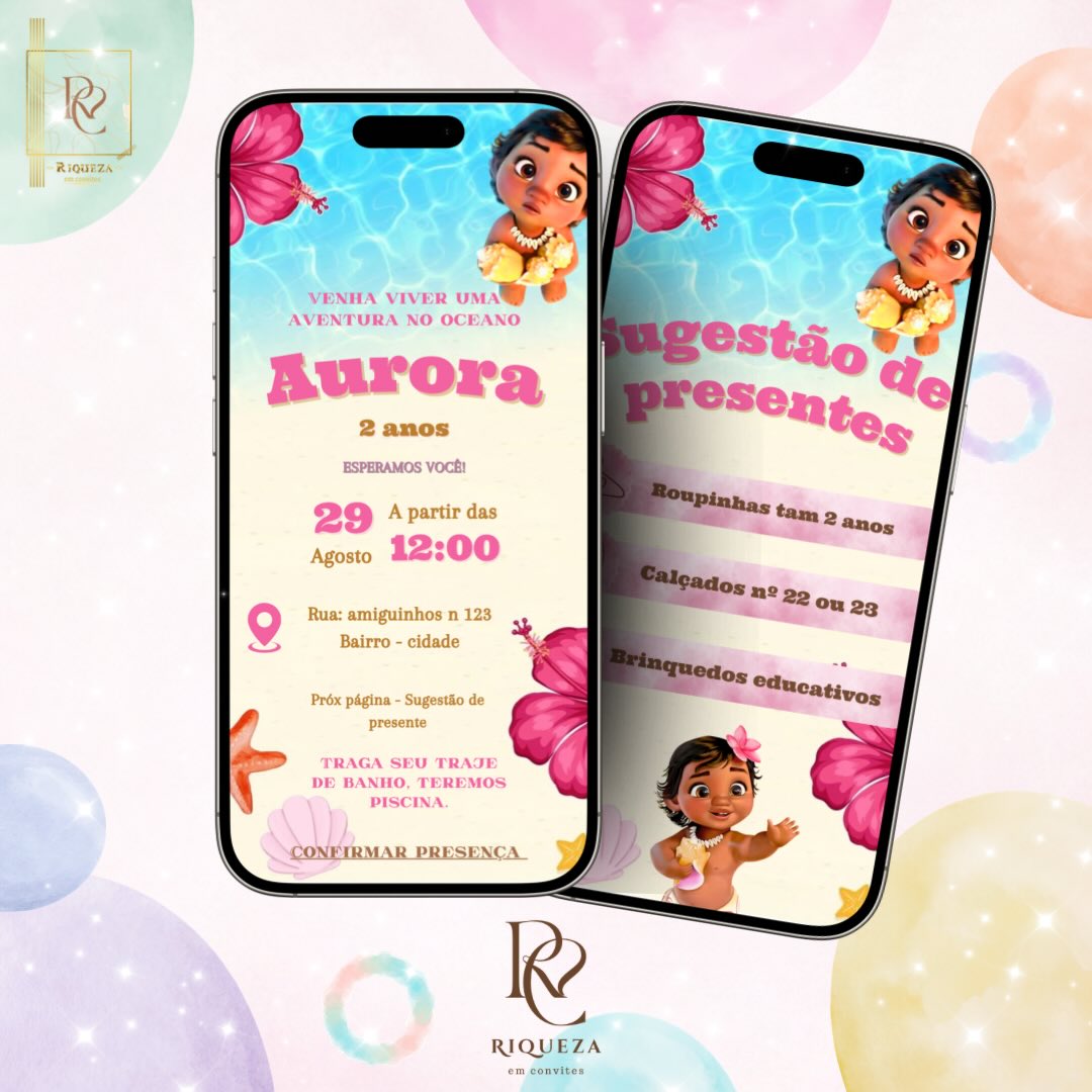 Mockup de convite digital com tema de aventura no oceano, exibido em duas telas de celular com nome, data, endereço e sugestão de presentes.